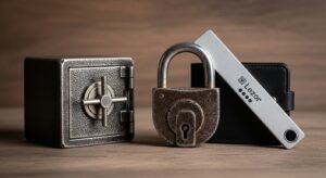 Uma carteira de criptoativos segura do tipo hardware wallet, representando a máxima proteção para ativos digitais.