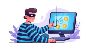 Ilustração de um hacker tentando roubar criptoativos de um computador através de um golpe de phishing.