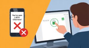 Infográfico mostrando como identificar um golpe com criptoativos e a importância de verificar o endereço do site