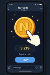 Interface do jogo Notcoin no Telegram, onde usuários ganham tokens ao tocar em moedas virtuais