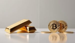 ouro físico e moedas de Bitcoin digitais