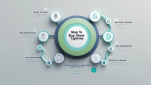 Infográfico simples mostrando os passos para comprar e guardar criptomoedas