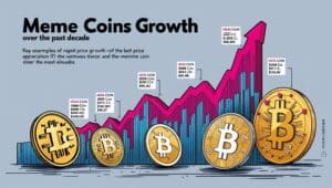 Crescimento explosivo das moedas de meme na última década, mostrando exemplos como Dogecoin e Shiba Inu