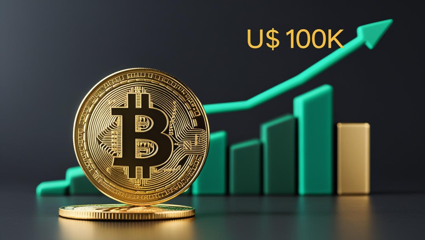 Bitcoin Rumo aos US$ 100 Mil: Por Que Até os Investidores de Longo Prazo Estão Vendendo? Bitcoin dourado com gráfico ascendente mostrando valorização rumo aos US$ 100 mil dólares