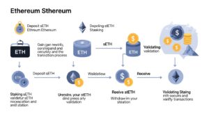 Infográfico explicativo sobre o processo de staking do Ethereum - Inserir uma imagem didática mostrando como funciona o processo de transformar ETH em stETH