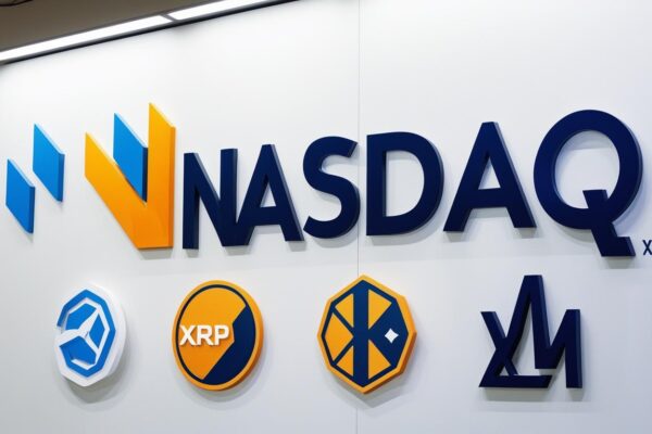Nasdaq Inclui XRP, SOL, ADA e XLM em seu Índice de Criptomoedas: Uma Revolução no Mundo dos Investimentos Gráfico mostrando os logos da Nasdaq junto com as criptomoedas XRP, SOL, ADA e XLM