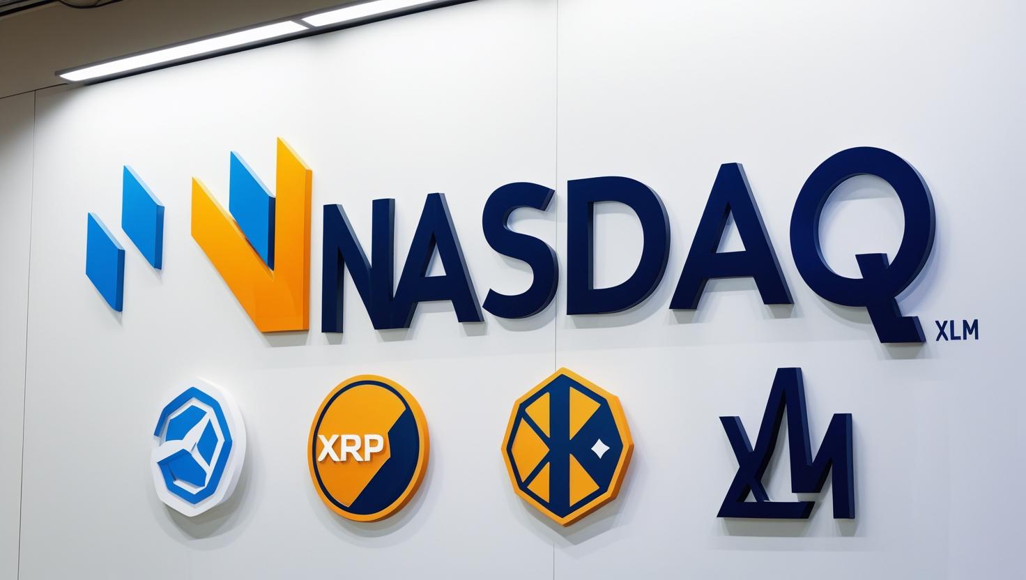 Gráfico mostrando os logos da Nasdaq junto com as criptomoedas XRP, SOL, ADA e XLM