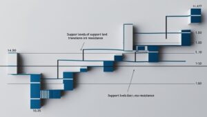 Gráfico técnico simplificado mostrando níveis de suporte se transformando em resistência, com anotações didáticas