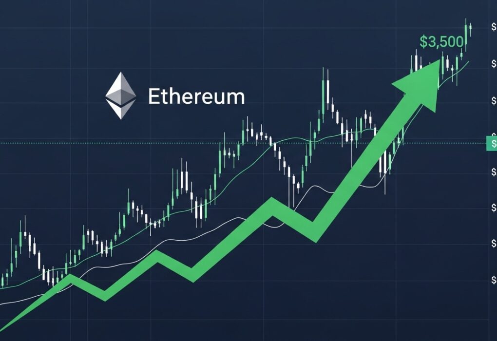 Imagem destacada sugerida Gráfico do Ethereum com seta apontando para $3.500