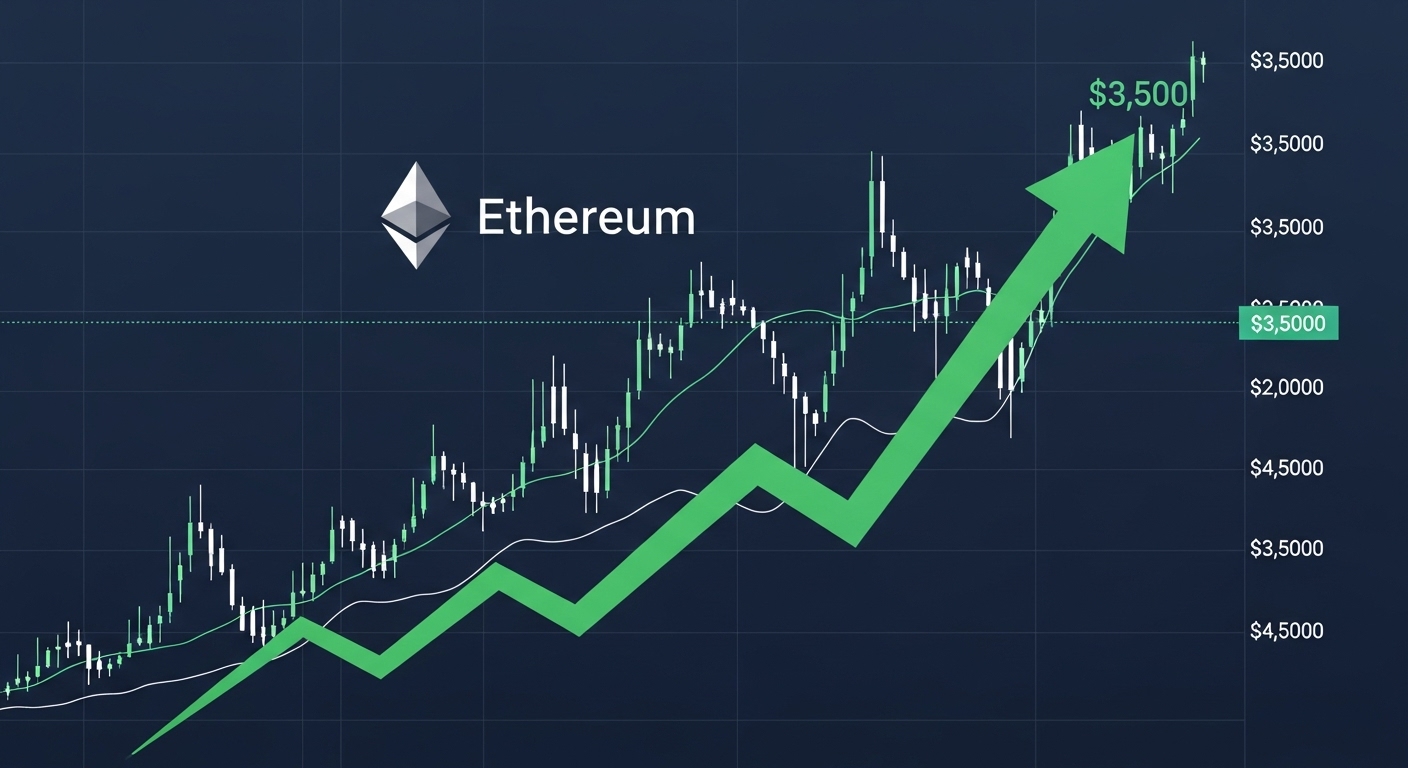 Imagem destacada sugerida Gráfico do Ethereum com seta apontando para $3.500