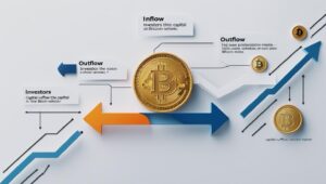 Infográfico mostrando o fluxo de capitais no mercado de Bitcoin, com setas indicando entrada e saída de investidores