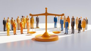 Muitos compradores de um lado (representando as corporações) e Poucos vendedores do outro lado