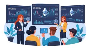Representação visual de investidores analisando o mercado do ETH