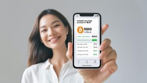 Aplicativo de uma corretora de criptomoedas mostra uma compra recorrente agendada, com um valor pequeno (ex_ _Compra semanal de R$ 50 em Bitcoin