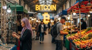 Foto de um mercado movimentado com placa de Bitcoin ao fundo