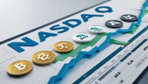 Gráfico mostrando os logos da Nasdaq junto com as criptomoedas XRP, SOL, ADA e XLM