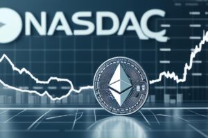 Uma composição visual mostrando o logo da Nasdaq ao fundo, com símbolos do Ethereum