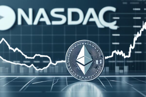 Nasdaq – Gestora Investe US$ 48 Milhões e Movimenta o Mercado Uma composição visual mostrando o logo da Nasdaq ao fundo, com símbolos do Ethereum