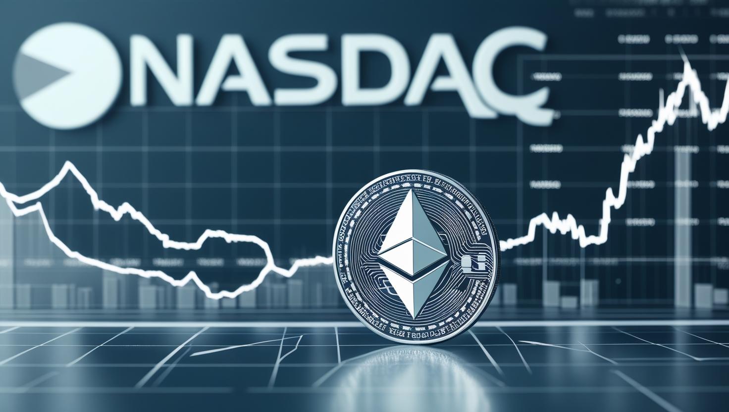 Uma composição visual mostrando o logo da Nasdaq ao fundo, com símbolos do Ethereum